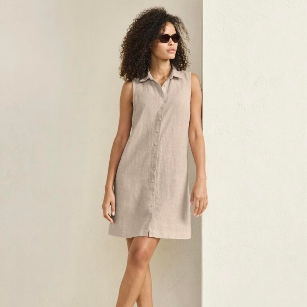 Garnet Hill Classic Linen Shirt Dress Sz 4P Coastal Old Money Lagenlook Natural